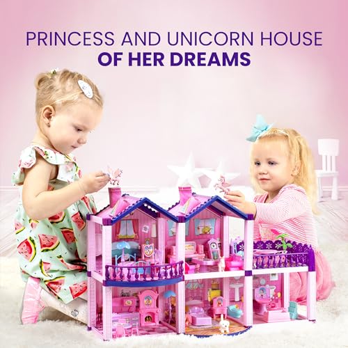 Pink and Purple Dollhouse with 4 Princesses, 4 Unicorns, Dog, Furniture and Accessories Y781005