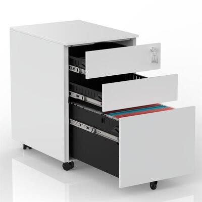 White 3-Drawer Mobile Metal Lockable File Cabinet with Keys and Casters I278173