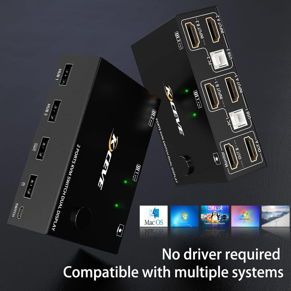 Dual Monitor KVM Switch HDMI 2 Port 4K@30Hz with USB 2.0 Hub N535515