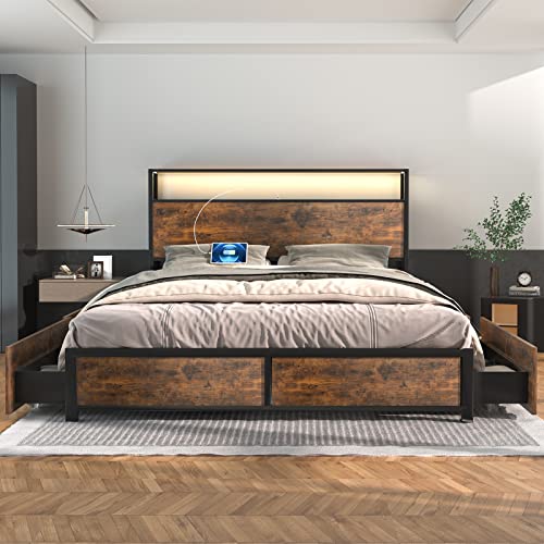 Full Size Metal Bed Frame with Storage Drawers, Rustic Brown Z5072