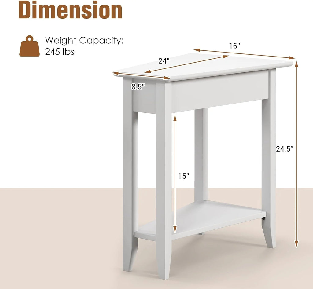 White Triangle Side Table with Storage Shelf and Solid Wood Legs V301