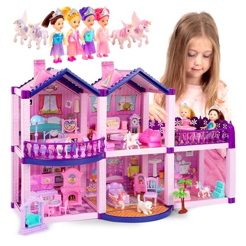 Pink and Purple Dollhouse with 4 Princesses, 4 Unicorns, Dog, Furniture and Accessories Y781005