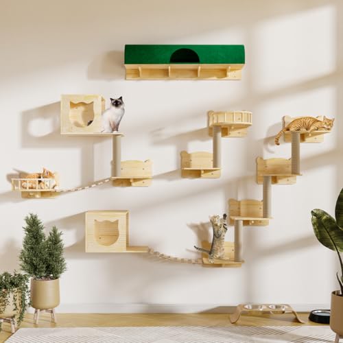 16 Pcs Pine Wooden Cat Wall Shelves with House I32275