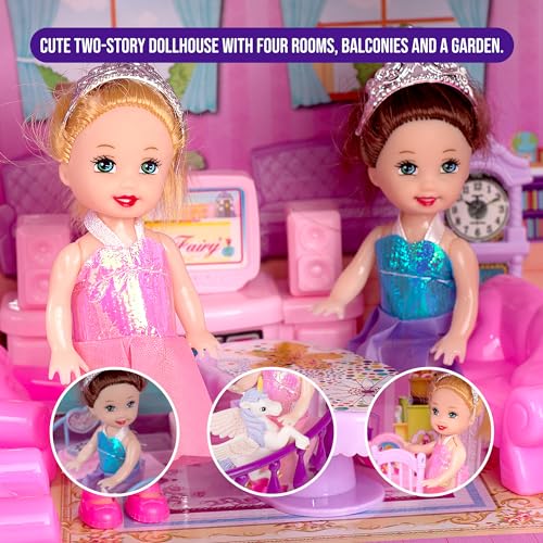 Pink and Purple Dollhouse with 4 Princesses, 4 Unicorns, Dog, Furniture and Accessories Y781005
