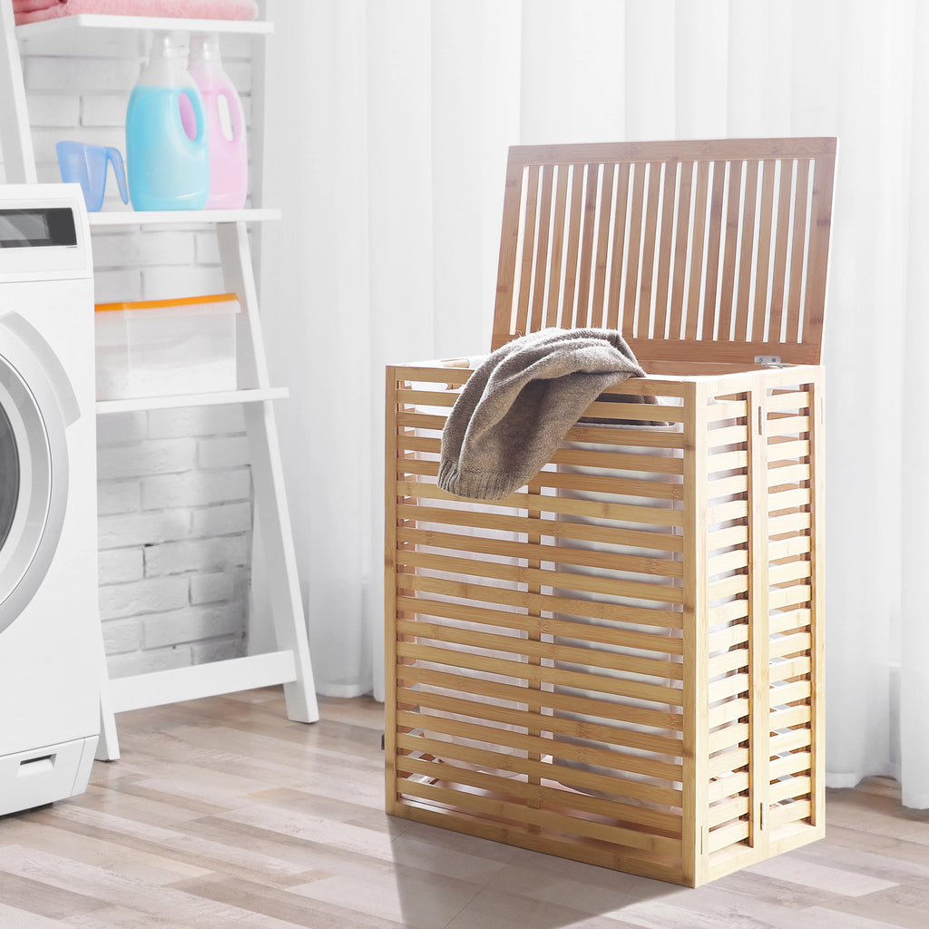 Foldable Bamboo Laundry Hamper with Lid and Liner Bag V74693