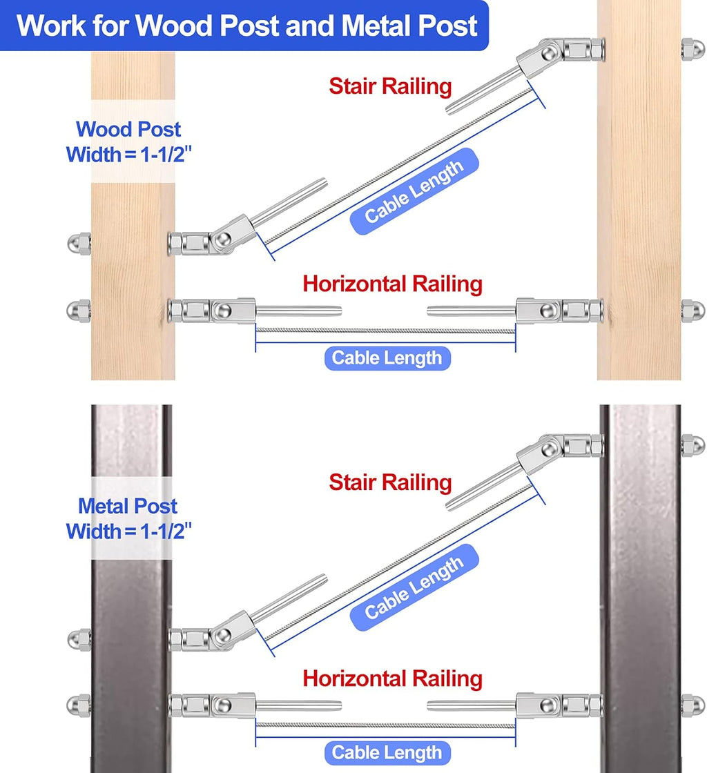 20 Pack T316 Stainless Steel 180° Adjustable Angle Cable Railing Swage Threaded Stud Tension End Fitting for 1/8 Wire Rope Hardware Wood Post Pack of 2 I402664