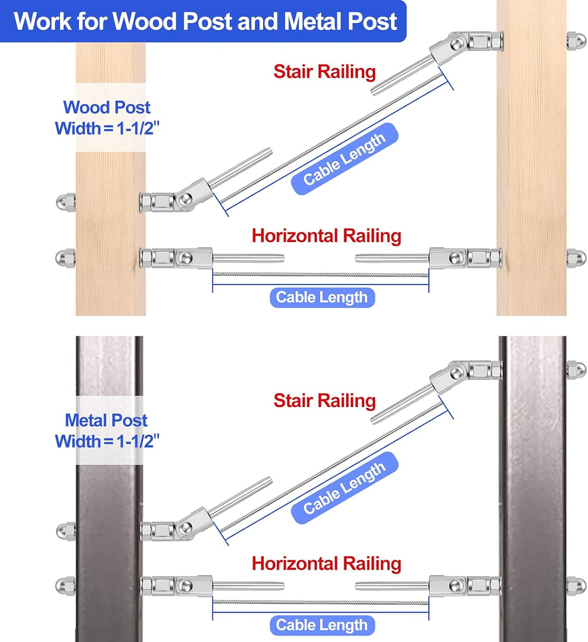 20 Pack T316 Stainless Steel 180° Adjustable Angle Cable Railing Swage Threaded Stud Tension End Fitting for 1/8 Wire Rope Hardware Wood Post Pack of 2 I402664