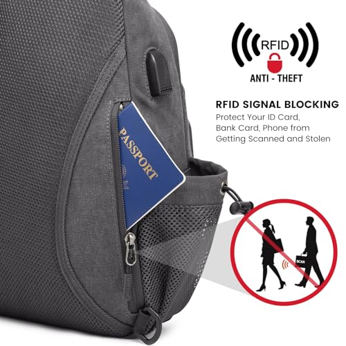 Canvas Sling Bag Crossbody Backpack with USB Charging Port (Dark Grey) U773