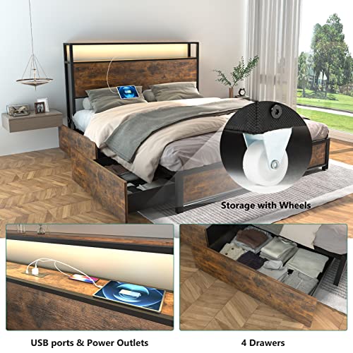 Full Size Metal Bed Frame with Storage Drawers, Rustic Brown Z5072