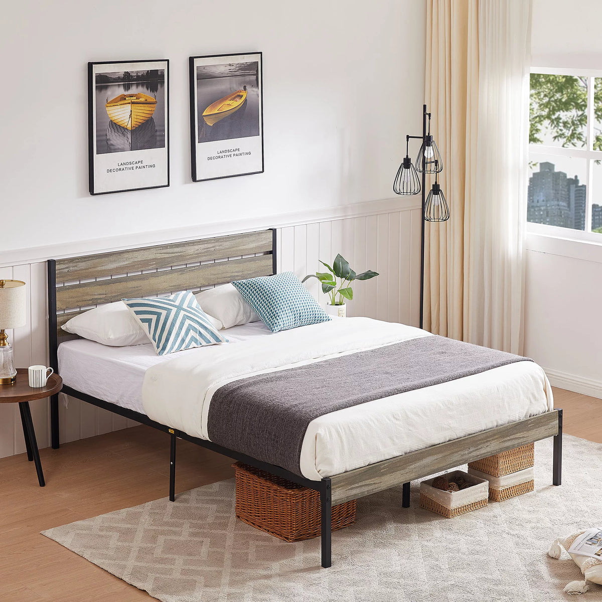 Queen Size Metal Platform Bed with Wooden Headboard L790094