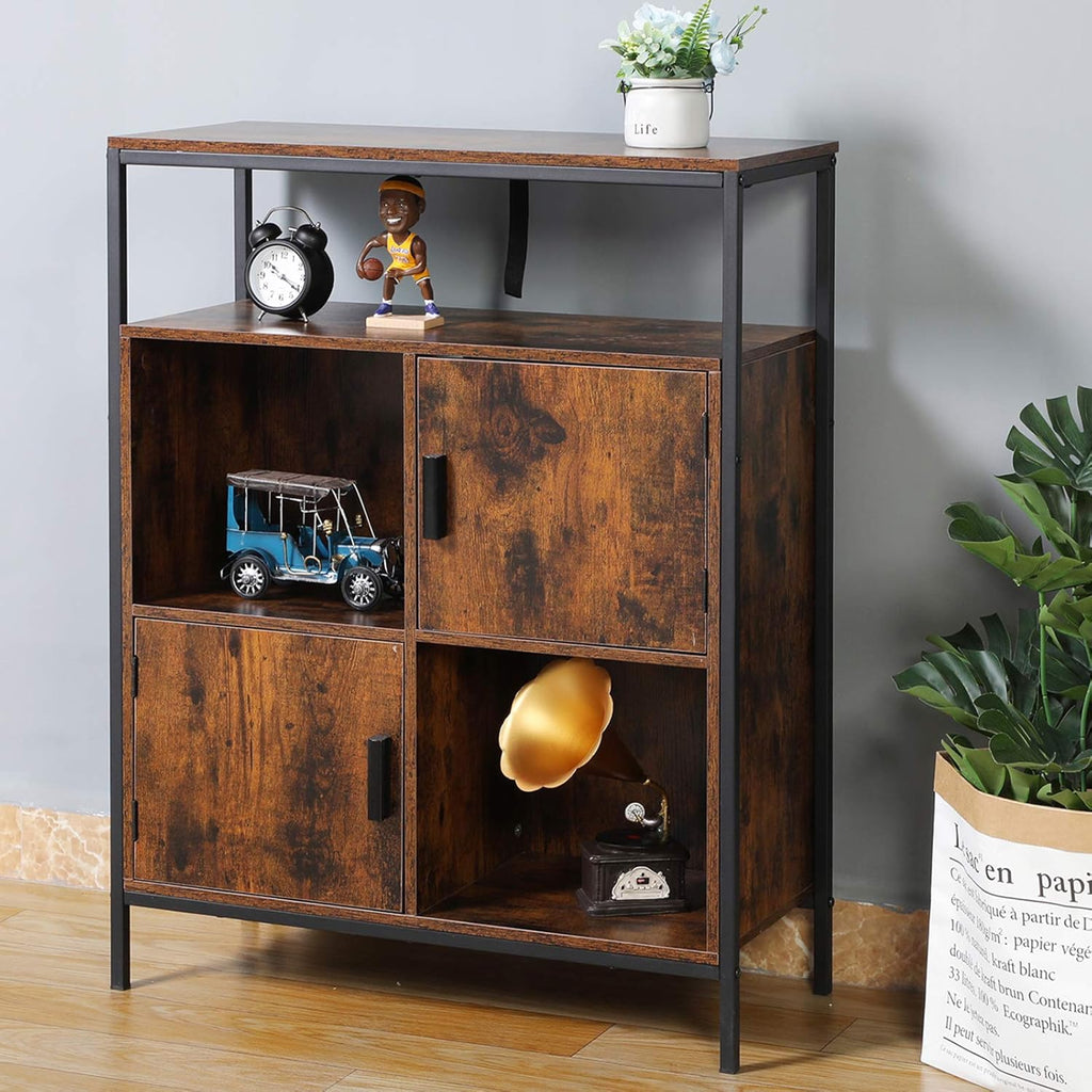 Rustic Brown Storage Cabinet with 2 Doors and Open Shelves C8042