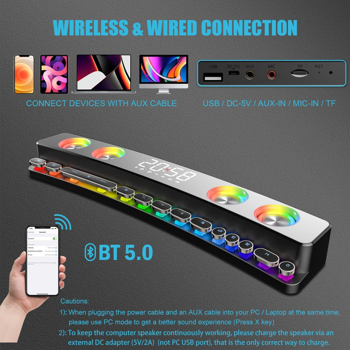 RGB Bluetooth 5.0 Soundbar Speakers, USB Powered, Pack of 2 F527