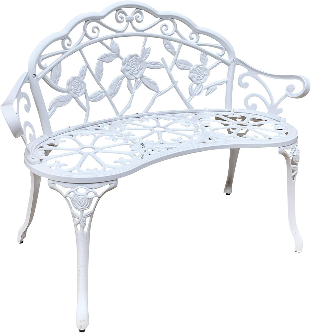White Cast-Aluminum Metal Garden Bench with Floral Rose U2625