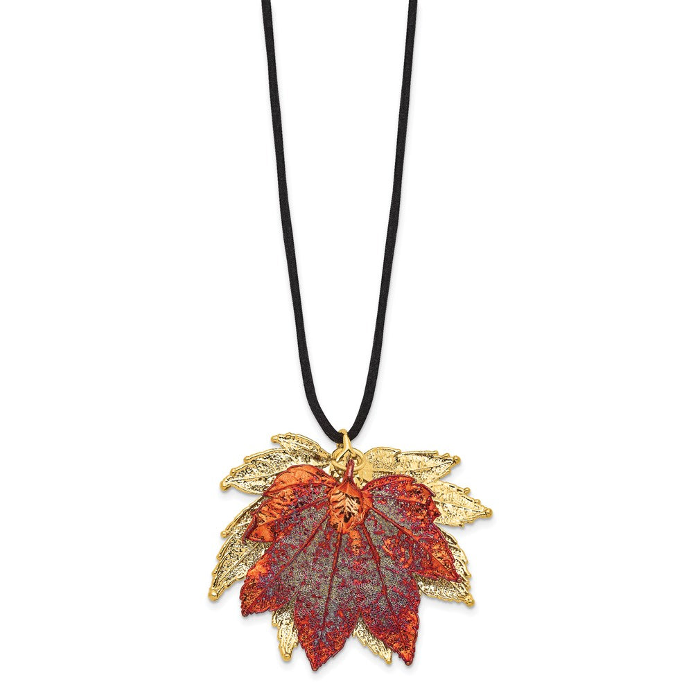 24k Gold Maple Leaves Leather Cord Necklace W751