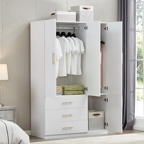 White 4 Doors 3 Drawers Wooden Closet Cabinet Wardrobe Armoire Z53826