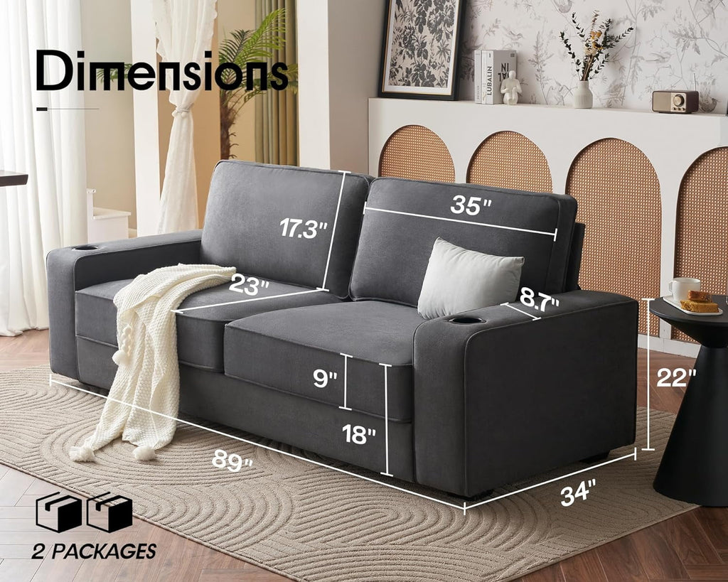 Grey Chenille Sofa with USB Charging Ports & Cup Holders K315