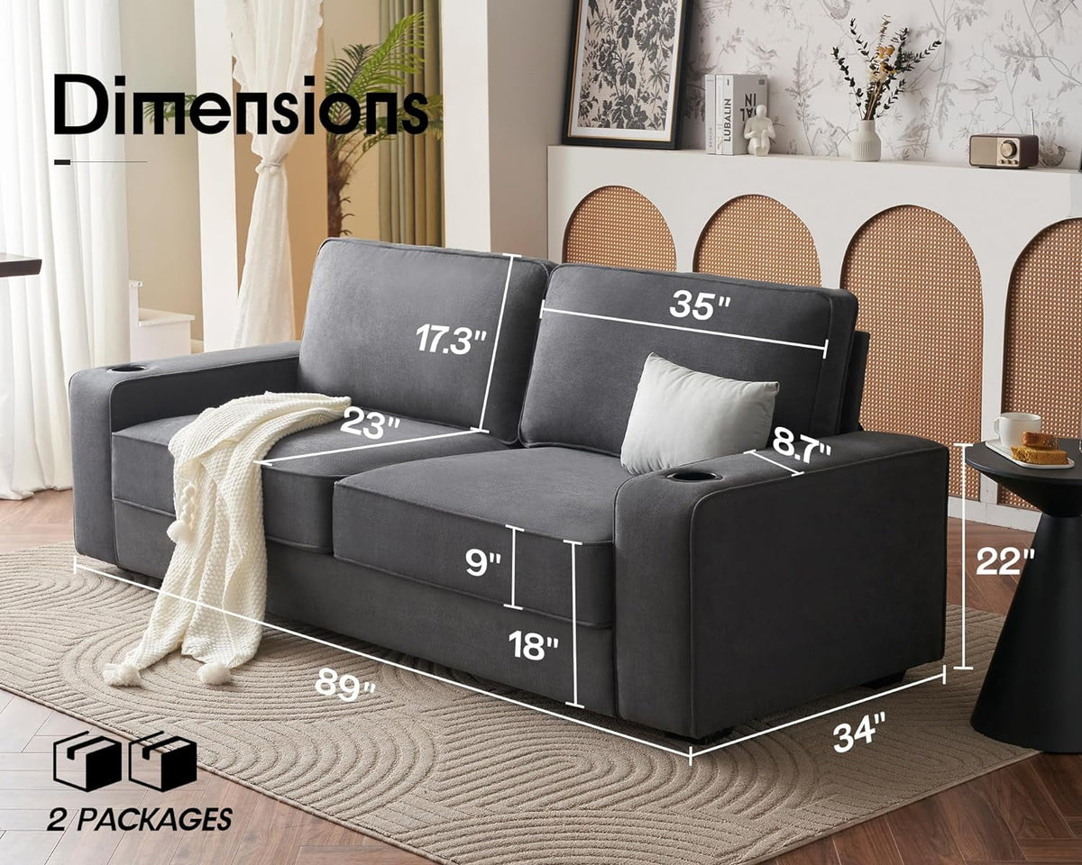 Grey Chenille Sofa with USB Charging Ports & Cup Holders K315