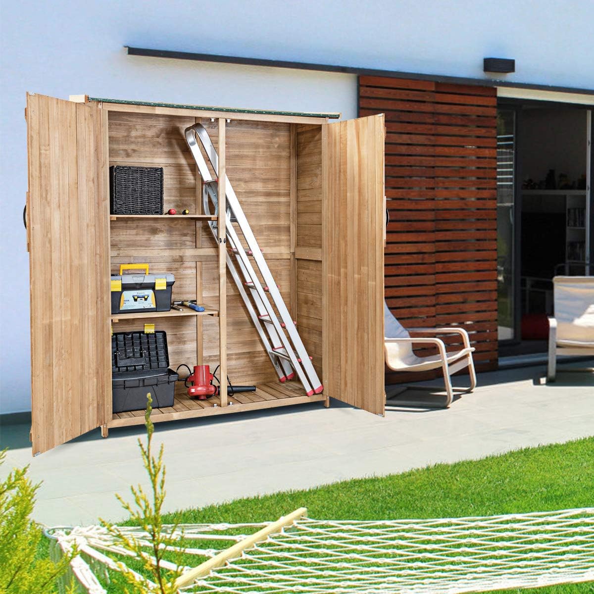 Outdoor Wooden Storage Cabinet with Double Lockable Doors I809618