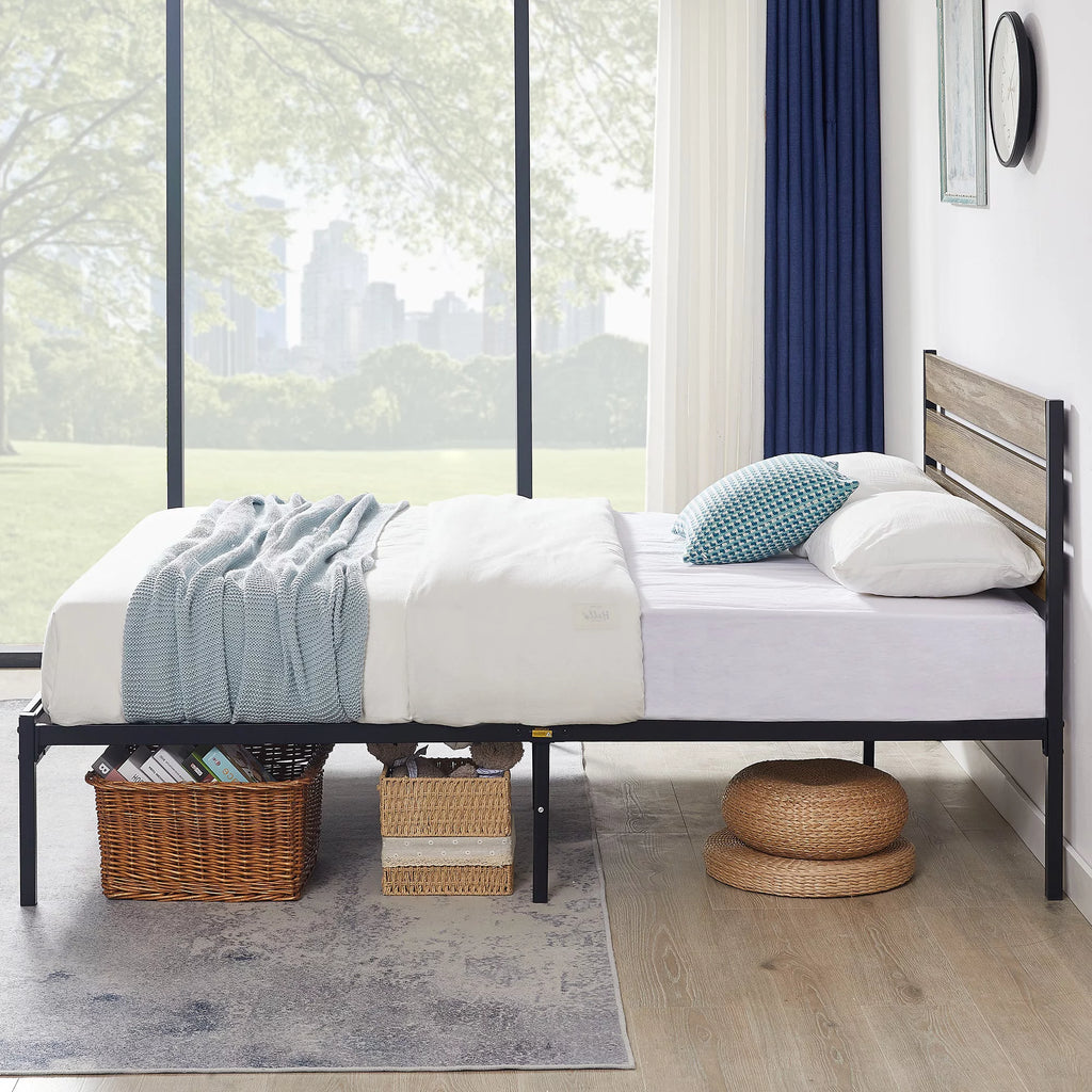 Queen Size Metal Platform Bed with Wooden Headboard L790094