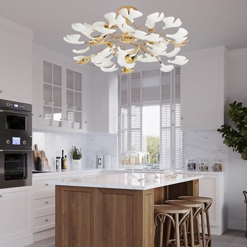 Gold Ceramic Ginkgo Leaf Semi Flush Mount Ceiling Light Fixture, 24" P7434