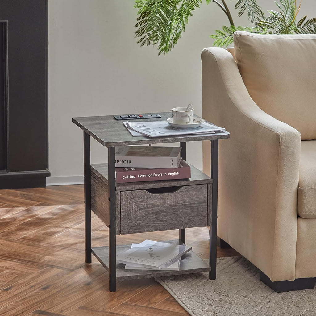 Grey Set of 2 Nightstand with Drawer and Charging Station Y151469