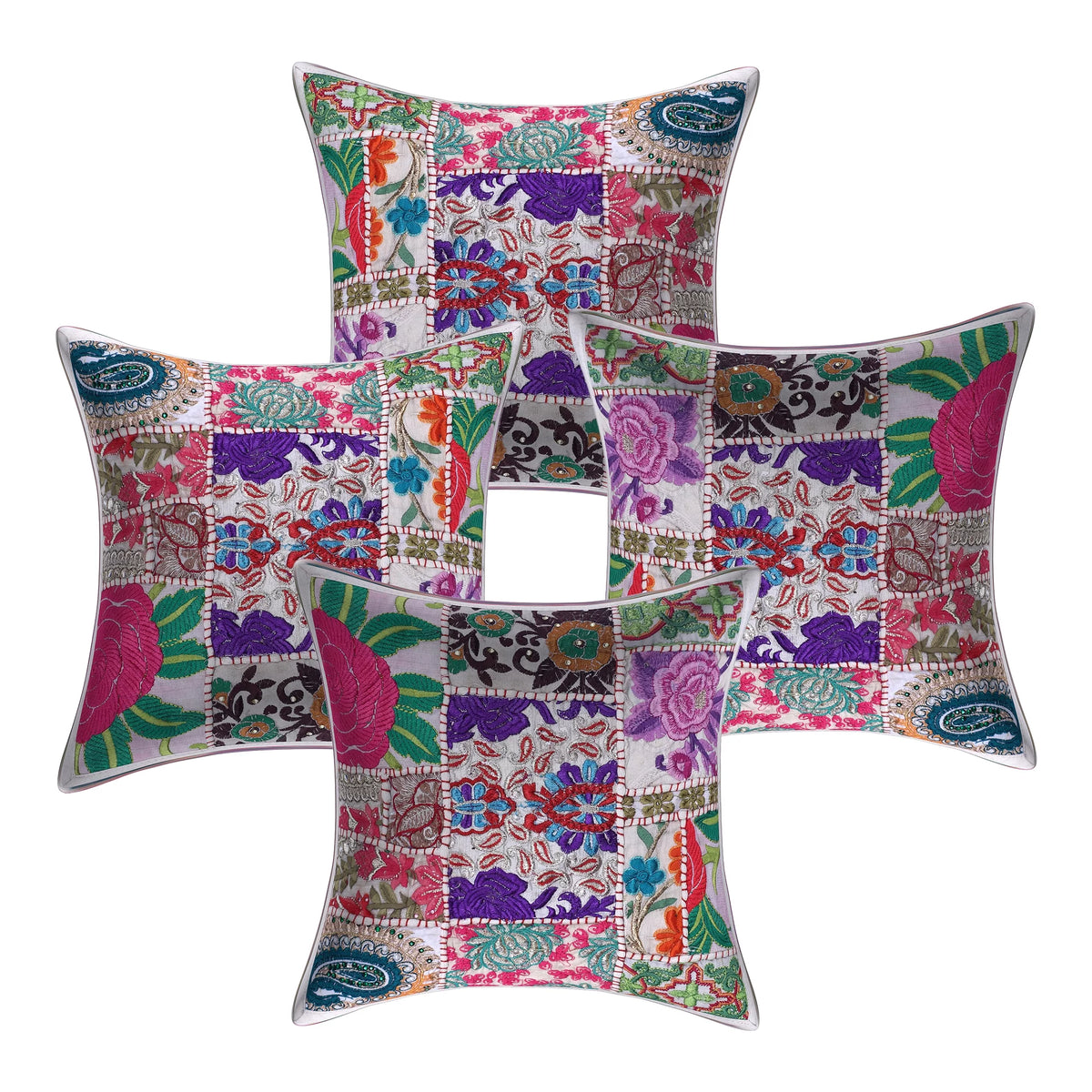 White Cotton 12x12 Bohemian Patchwork Throw Pillow Covers Set Of 4 F372891