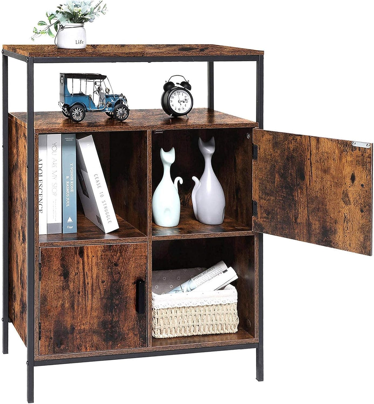 Rustic Brown Storage Cabinet with 2 Doors and Open Shelves C8042