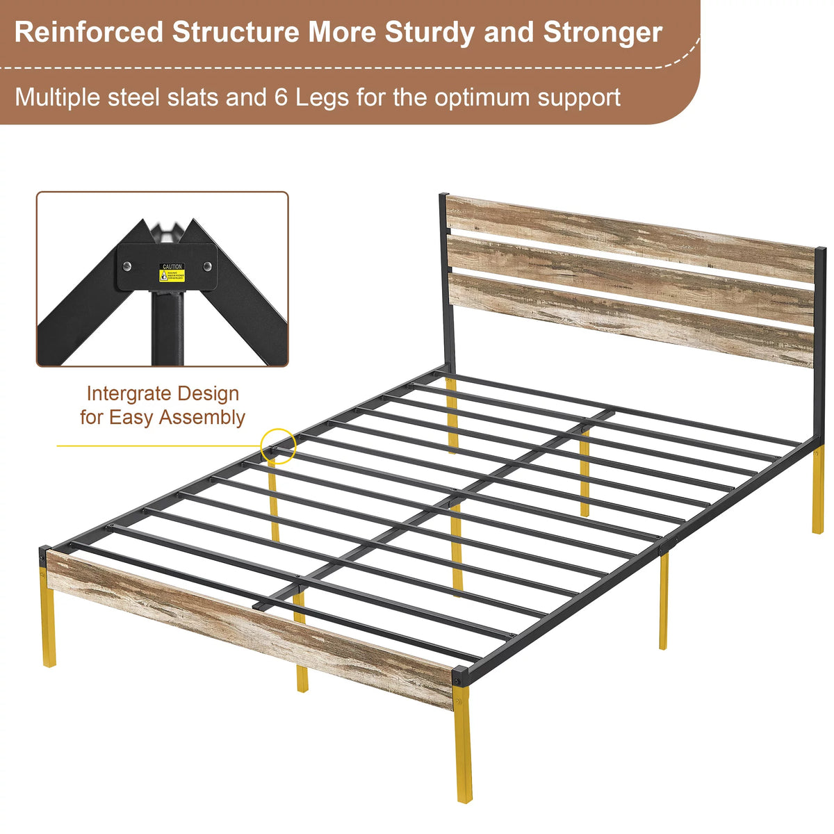 Queen Size Metal Platform Bed with Wooden Headboard L790094