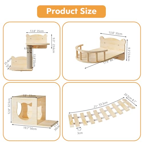 16 Pcs Pine Wooden Cat Wall Shelves with House I32275