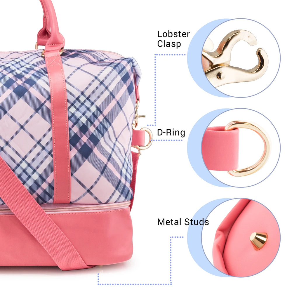 Pink Plaid Weekender Travel Duffle Bag with Shoe Compartment Q529874