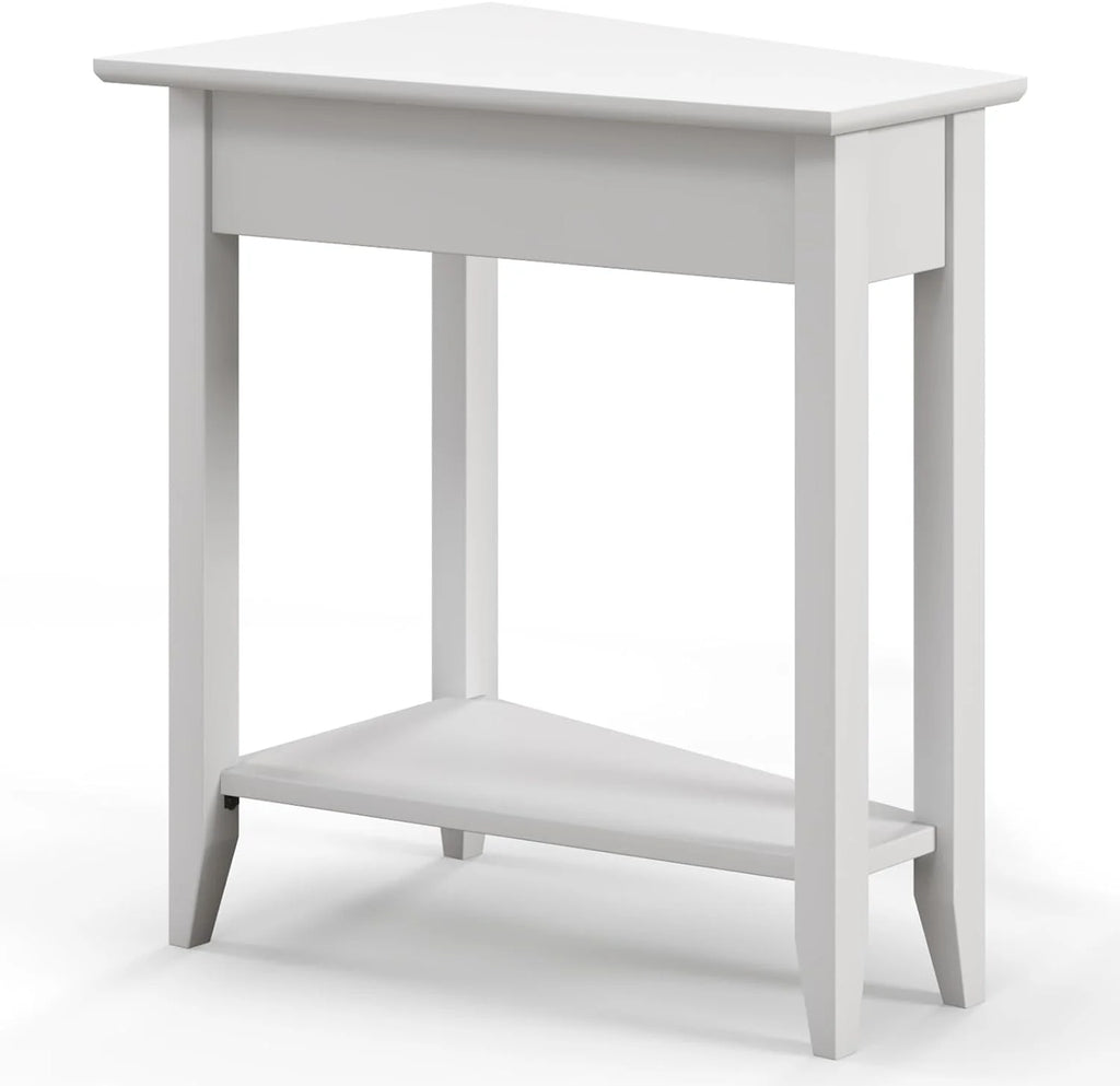 White Triangle Side Table with Storage Shelf and Solid Wood Legs V301