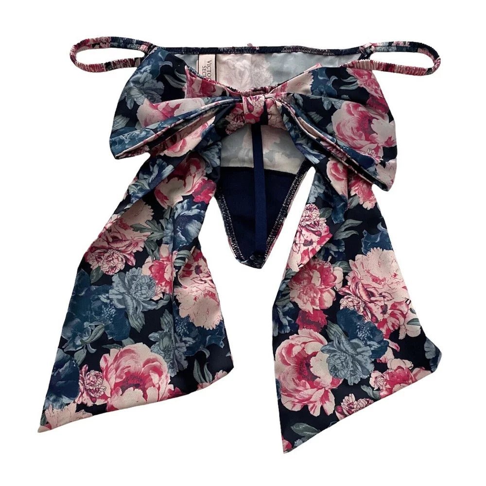 Satin Bow Back Floral V String Panty Size Medium L75643