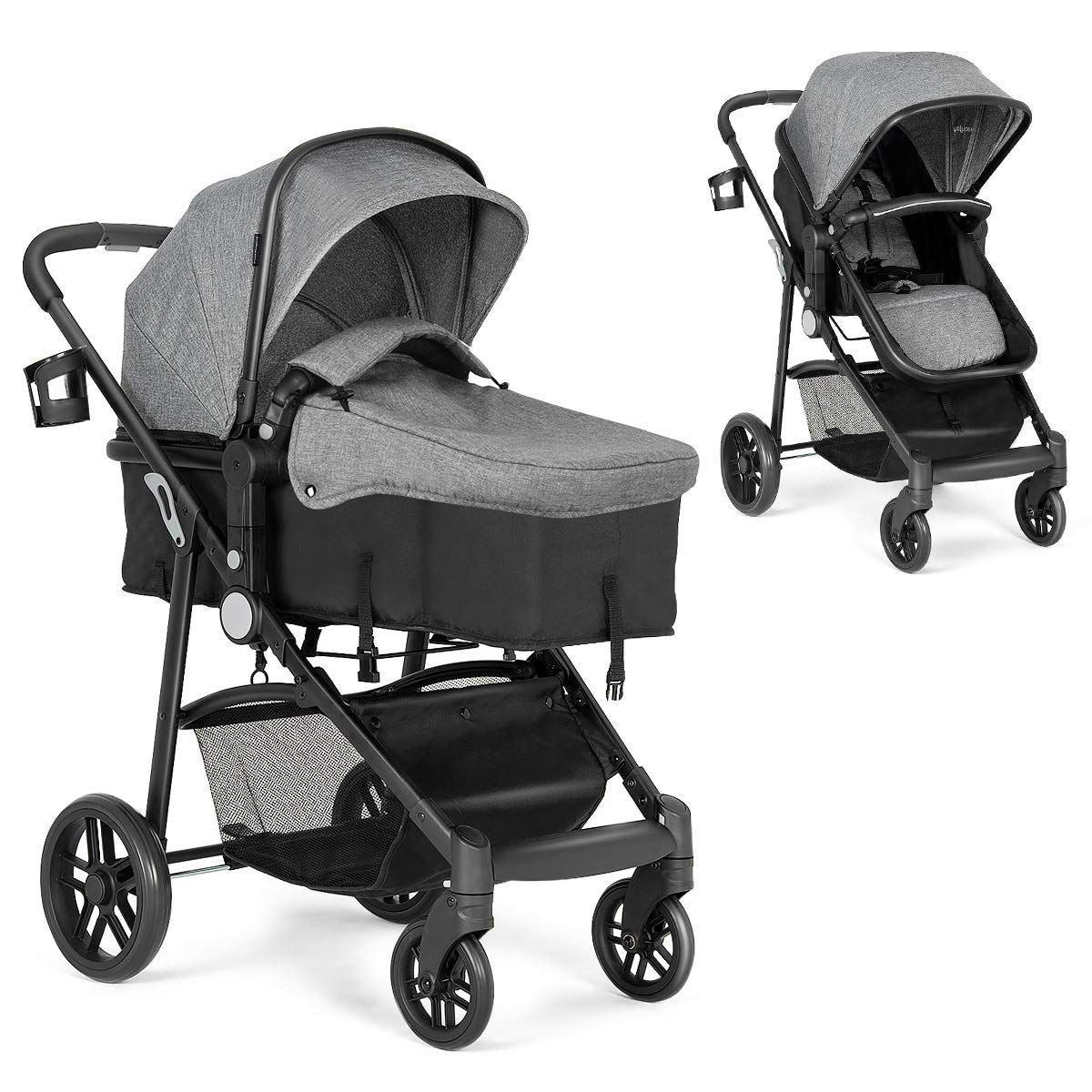 2 in 1 Convertible Bassinet Stroller with Cup Holder (Black) B74080
