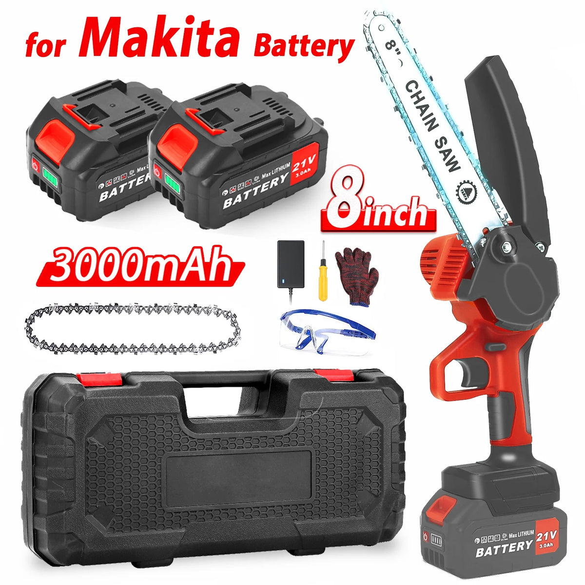 8 inch Cordless Mini Chainsaw with 2 Chains and 3.0Ah Battery X7362