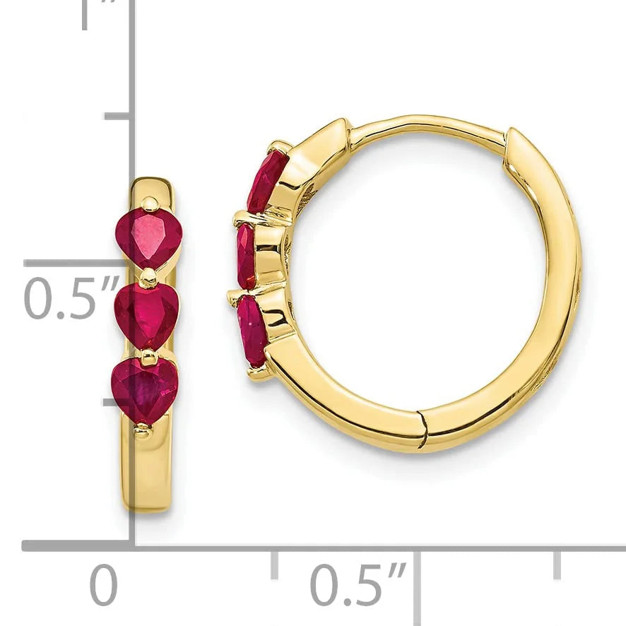 10K Yellow Gold Created Ruby Hinged Hoop Earrings U806618