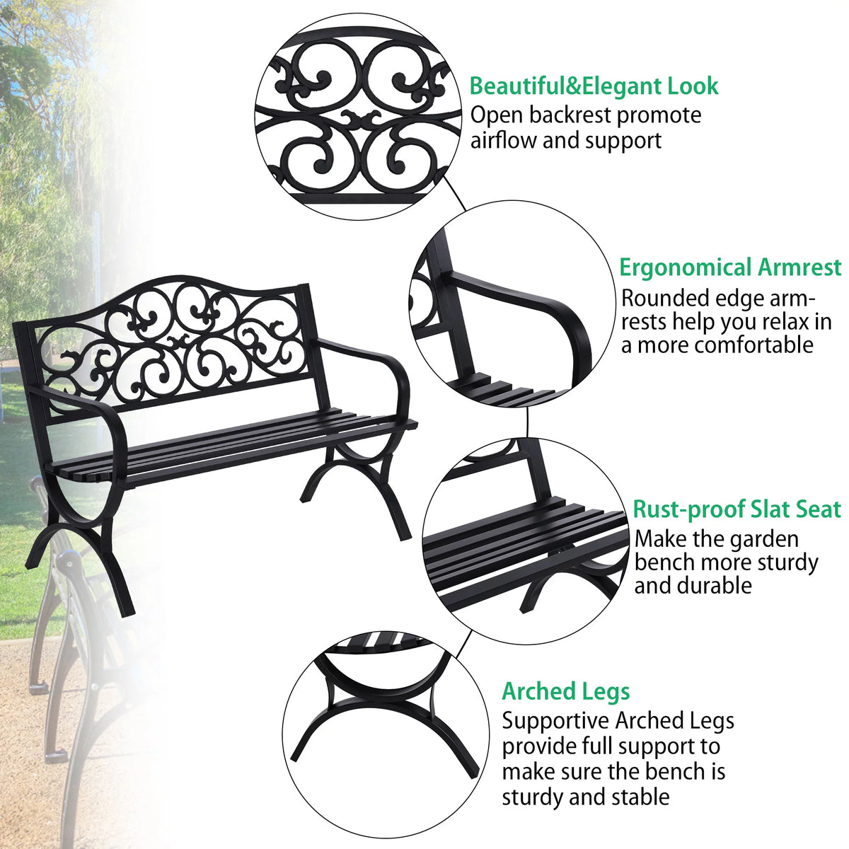 50" Outdoor Iron Cast Garden Park Bench - Black Y58927