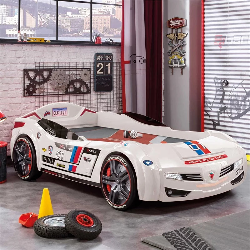 White Wood Twin Race Car Bed A651738