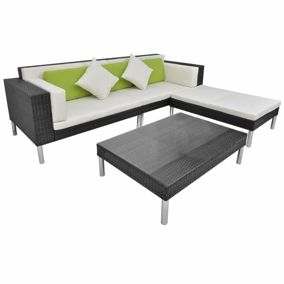4 Piece Outdoor Conversation Set Cushioned Corner Sofa with Ottoman and Coffee Table Sectional Sofa Set Black Poly Rattan L566186