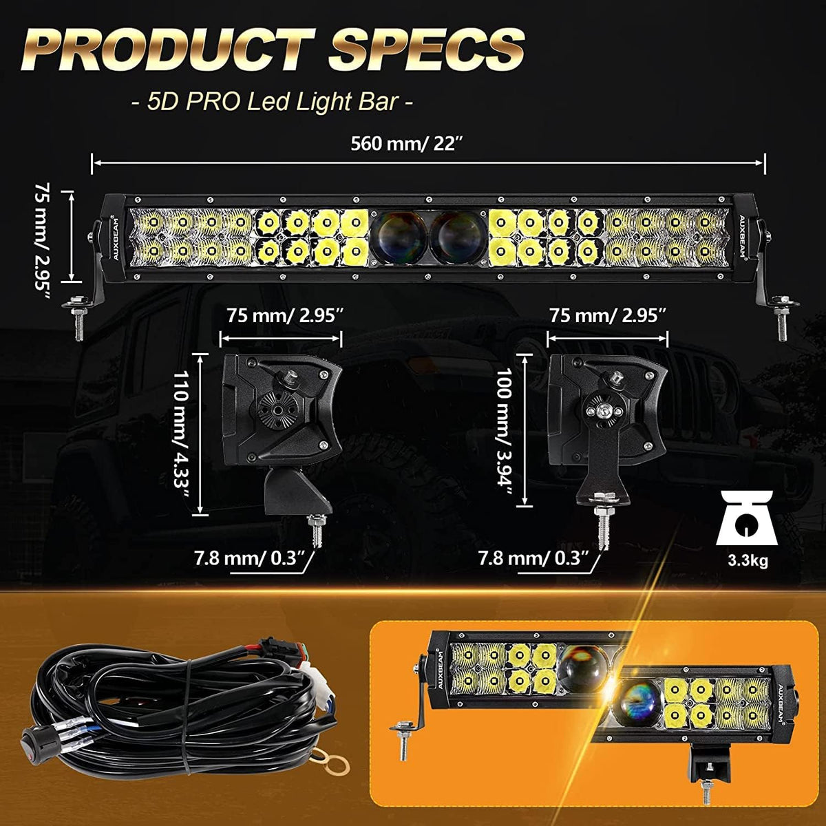 22 Inch 128W Waterproof Dual Row Spot Flood Combo LED Work Lights with Wiring Harness F9733