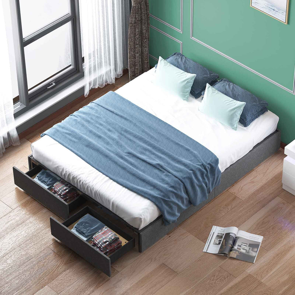 Queen Size Linen Fabric Upholstered Platform Bed with Storage Drawers T5565