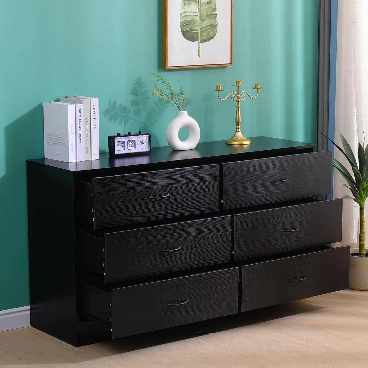 Black 6 Drawer Wood Dresser D1435