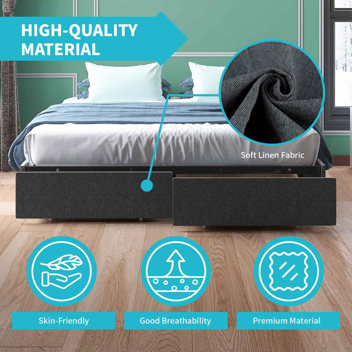 Queen Size Linen Fabric Upholstered Platform Bed with Storage Drawers T5565