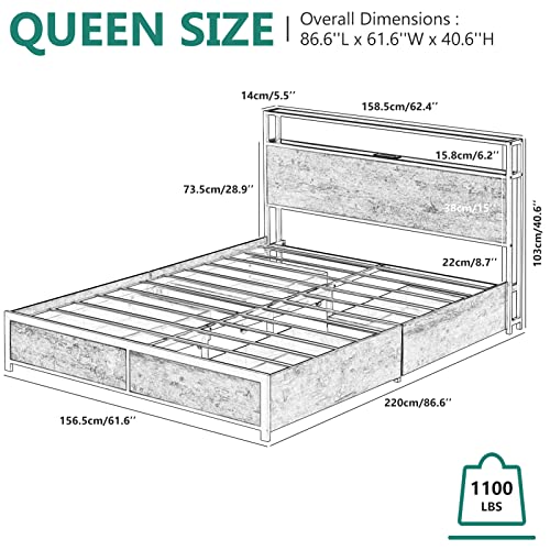 Full Size Metal Bed Frame with Storage Drawers, Rustic Brown Z5072