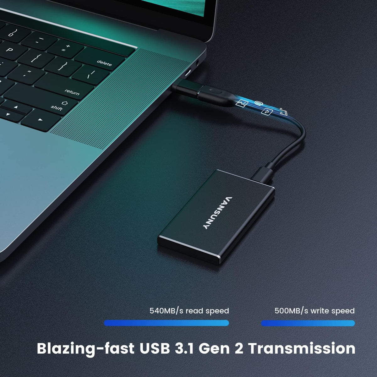 1TB Portable External SSD, USB 3.1, Metal Type-C, Black A7069