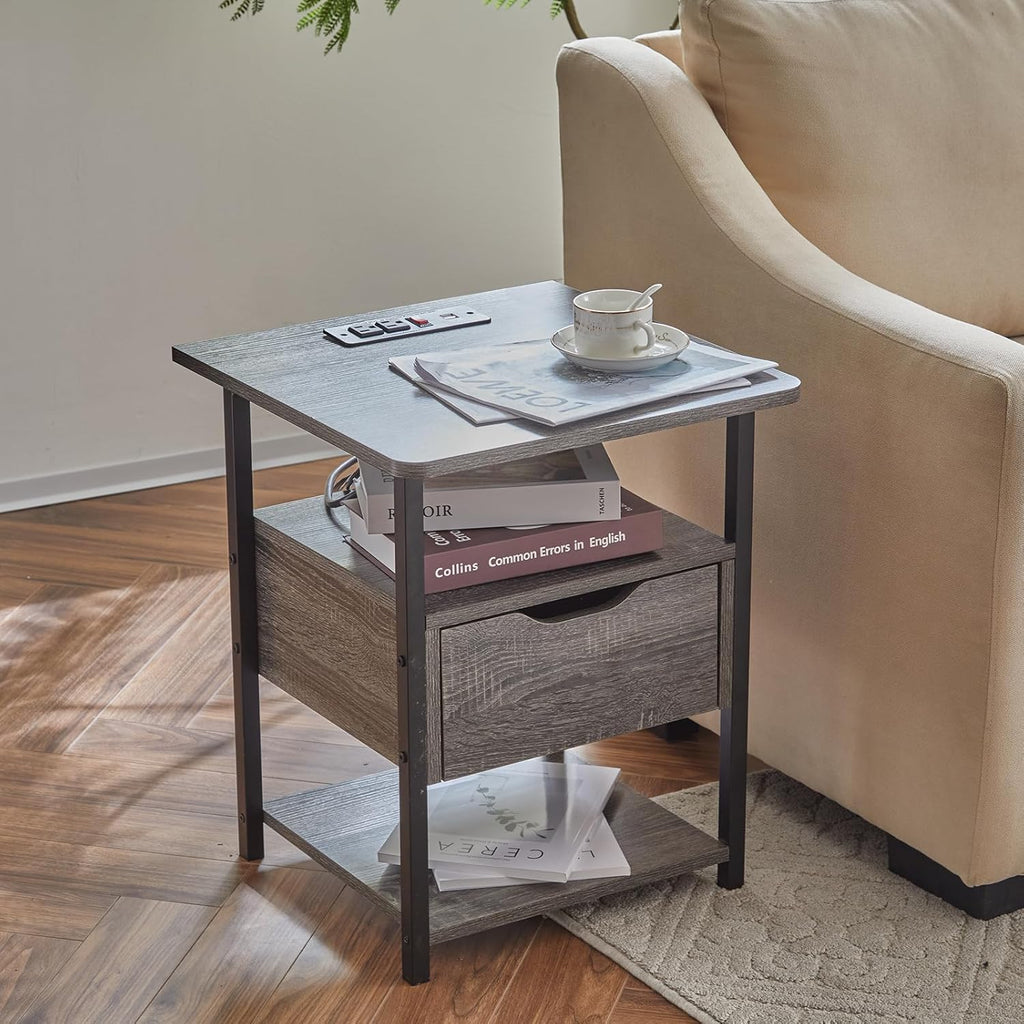 Grey Set of 2 Nightstand with Drawer and Charging Station Y151469