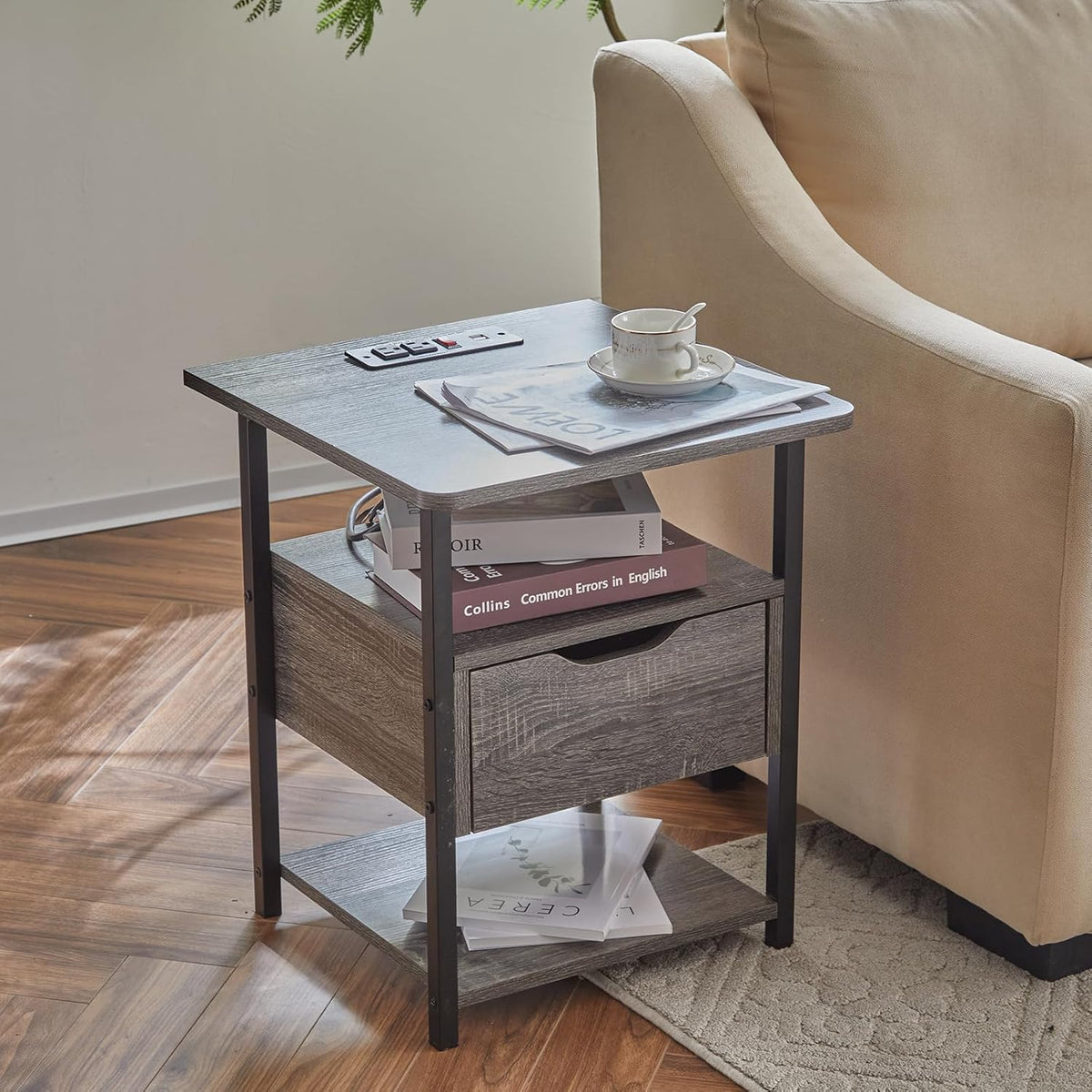 Grey Set of 2 Nightstand with Drawer and Charging Station Y151469