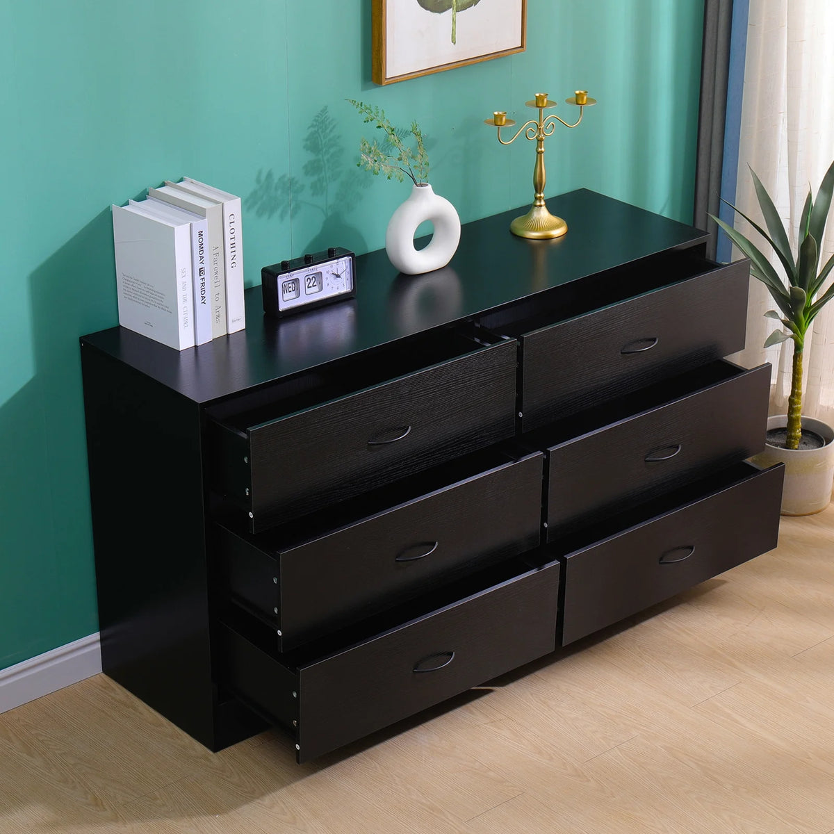 Black 6 Drawer Wood Dresser D1435