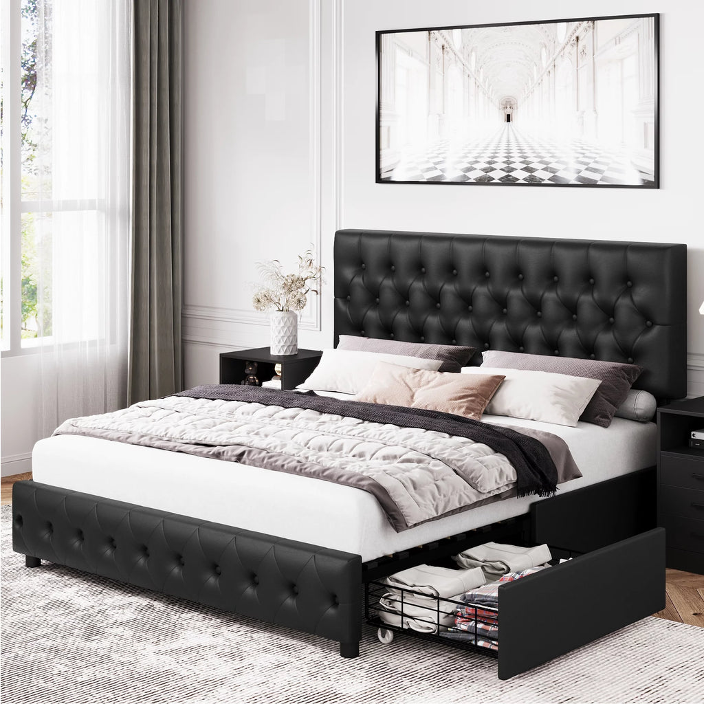 Queen Size Velvet Storage Bed with 4 Drawers W152042