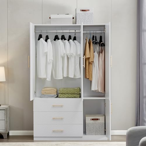 White 4 Doors 3 Drawers Wooden Closet Cabinet Wardrobe Armoire Z53826