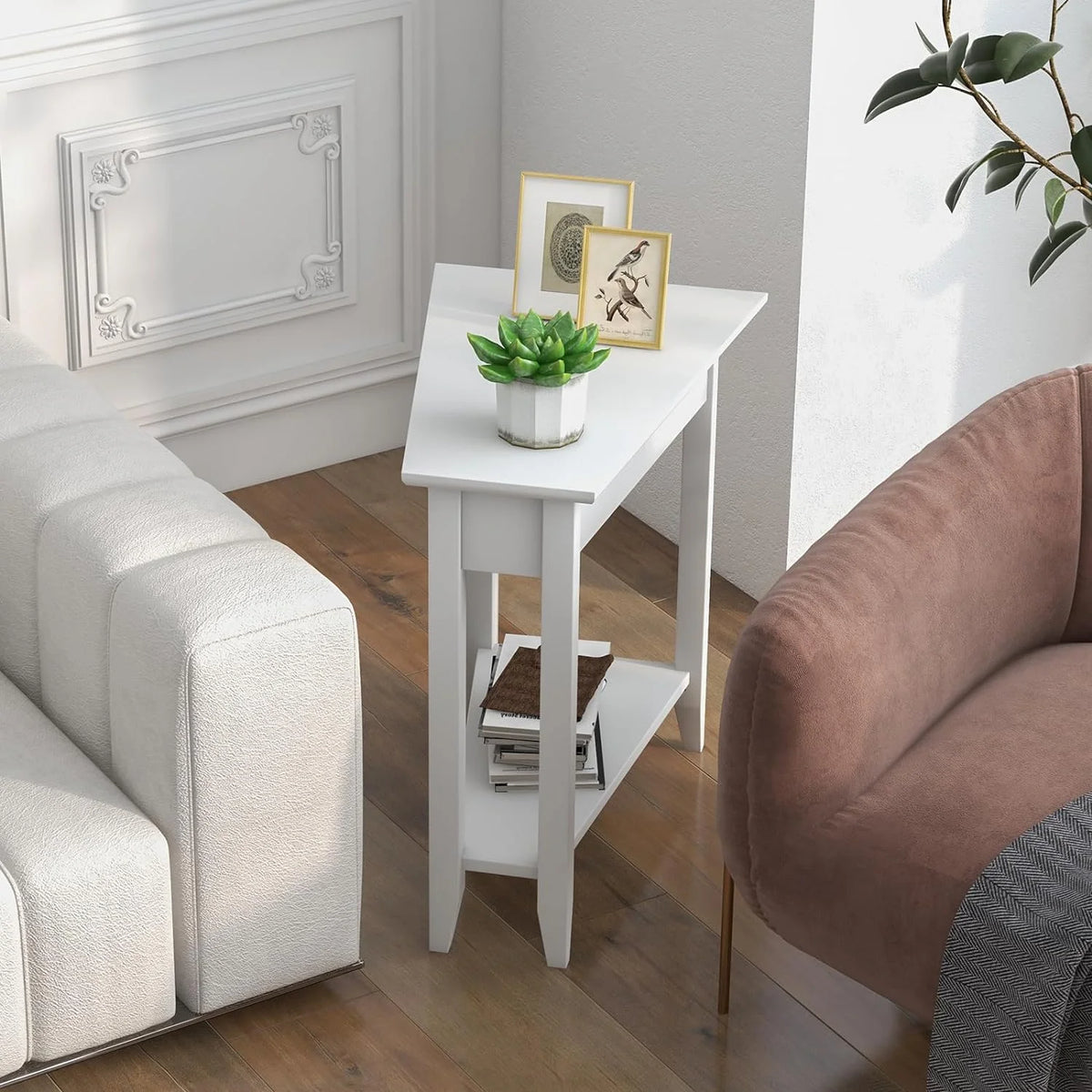 White Triangle Side Table with Storage Shelf and Solid Wood Legs V301